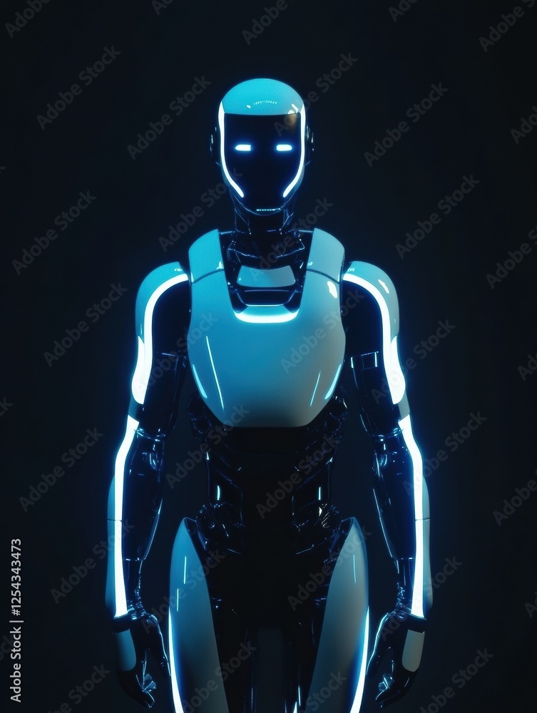 Poster Glowing humanoid robot design with minimalistic features in dramatic lighting. Generative AI