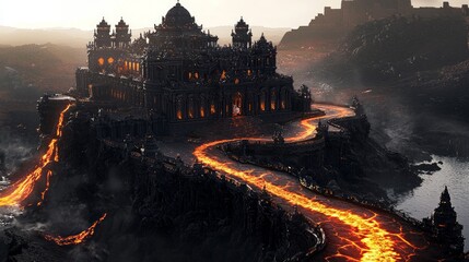 Majestic Black Granite Palace Surrounded by Flowing Lava Landscape