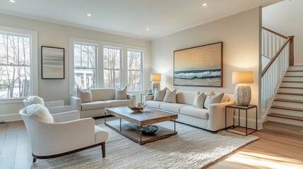 Elegant Living Room Interior Design with Ocean Artwork and Natural Light