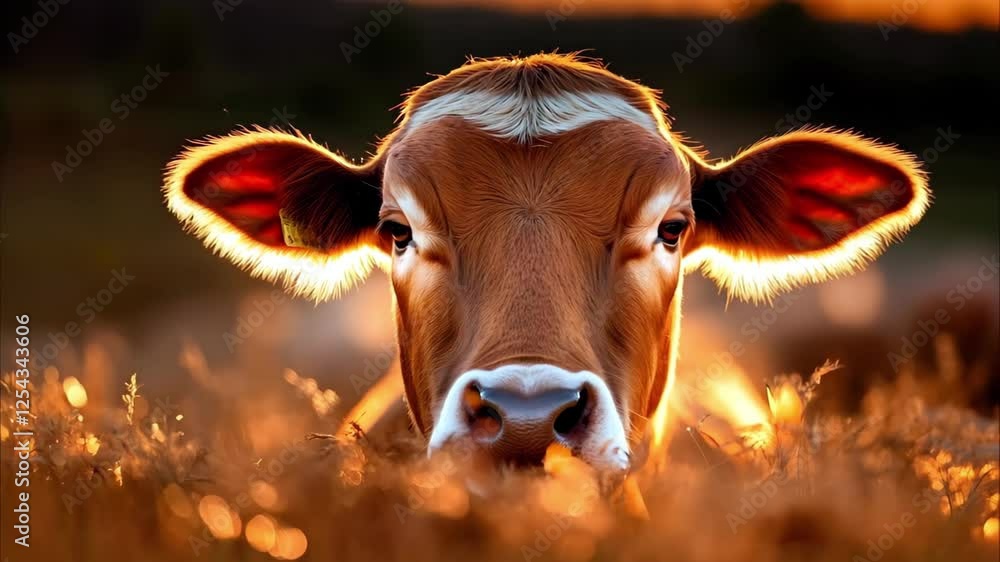 Poster a close-up of a brown calf with illuminated ears and a soft background, highlighting its features in