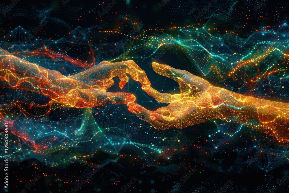 Poster ai, machine learning, hands of robot and human touching on big data network connection background, s