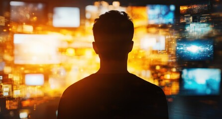 Silhouette of a Man Contemplating a Digital World