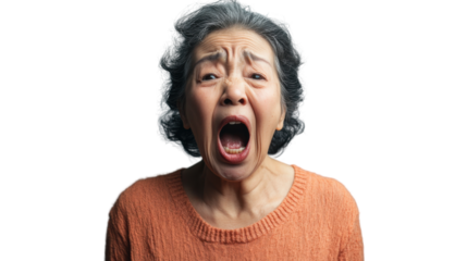 Senior woman shouting with transparent background: expressing frustration and anger