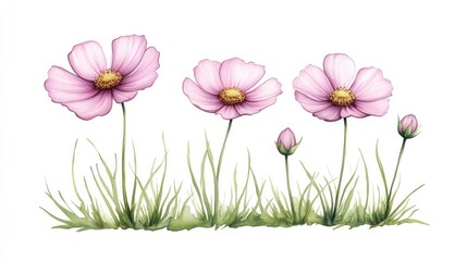 Delicate pink flowers in a grassy field against a white background, showcasing nature's beauty