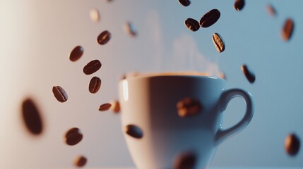 A dynamic view of falling coffee beans surrounding a cup of hot coffee steaming, creating a calming and energetic scene