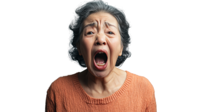 Senior woman shouting with transparent background: expressing frustration and anger