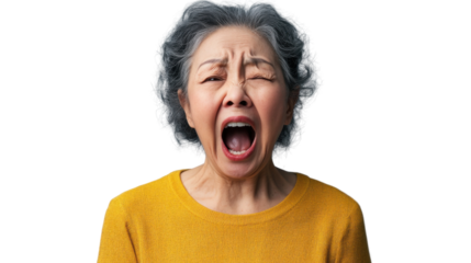 Senior woman shouting with transparent background: expressing frustration and anger