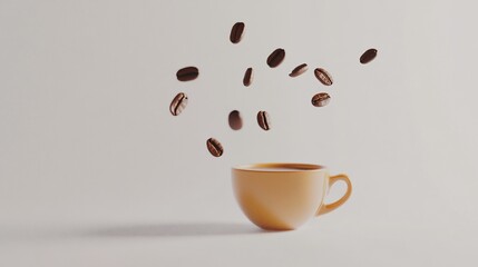 A dynamic scene featuring falling coffee beans above a cup, creating a sense of energy and warmth