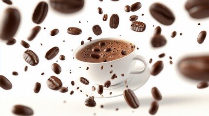 A dynamic scene of a hot cup of coffee with floating coffee beans around the cup on a white background