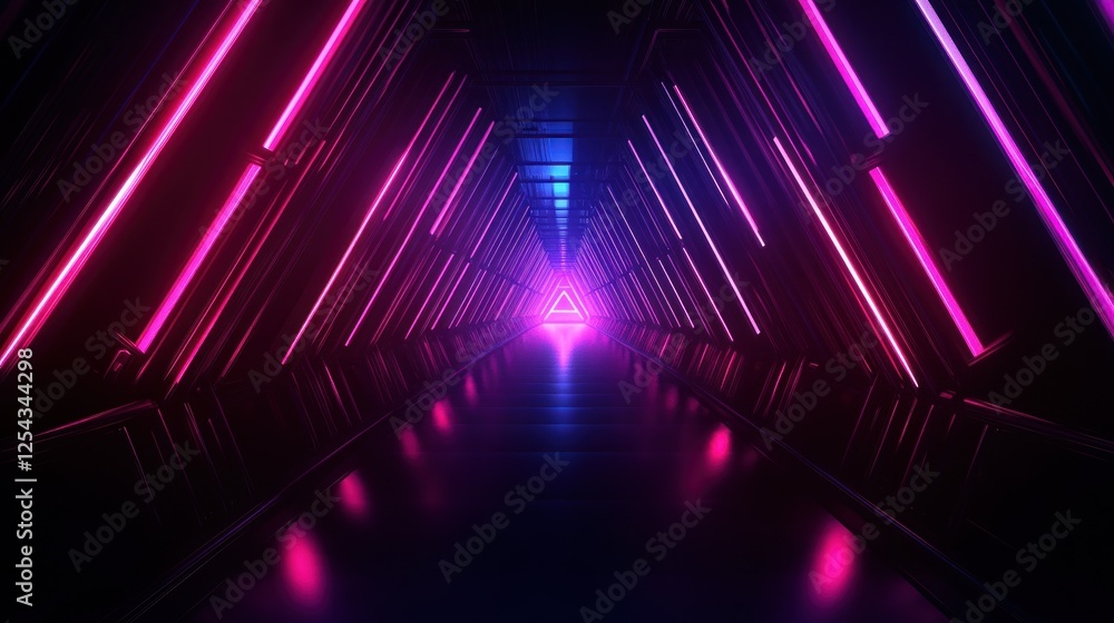 Poster futuristic corridor illuminated with vibrant neon lights, creating dynamic visual effects.