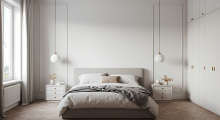 scandinavian bedroom design white backdrop empty wall