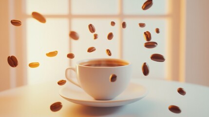A dynamic view of falling coffee beans surrounding a steamy white cup on a white saucer with a window in the background