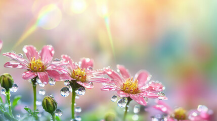 Obraz premium ethereal close-up of transparent water droplets forming a delicate pattern, refracting a dazzling rainbow of colors, hyper-realistic details