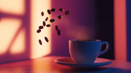 Hot coffee in a cup with floating coffee beans a serene moment with warm light