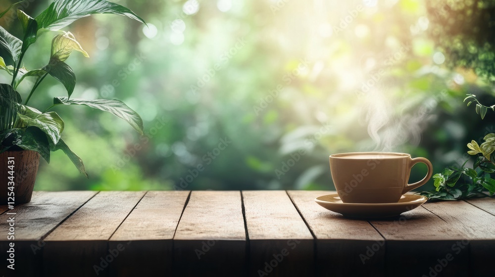 Aufkleber warm coffee cup with steaming brew on rustic wooden table in a cozy, sunlit nook surrounded by green