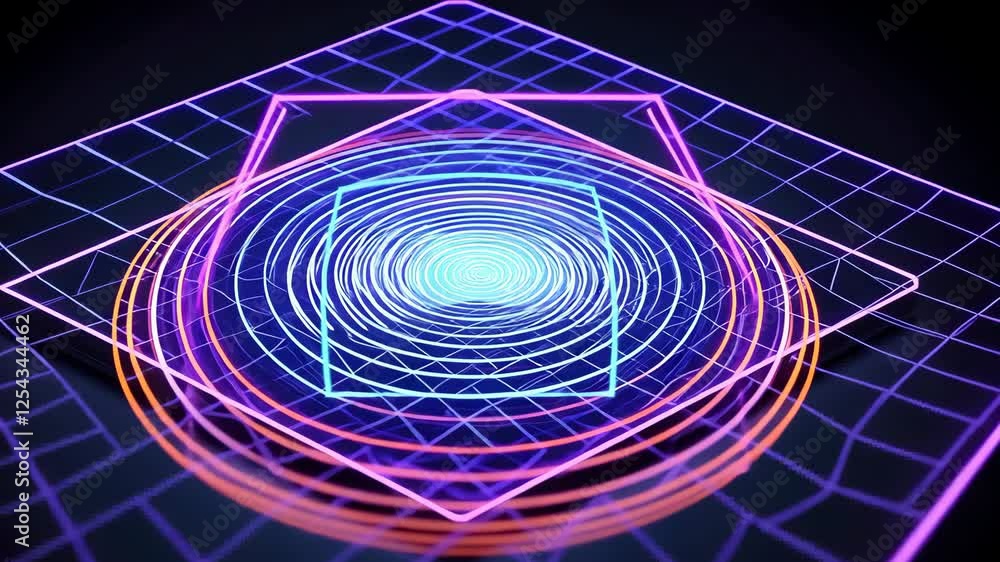 Poster vibrant digital artwork featuring neon geometric shapes glowing blue squares and circles create futu