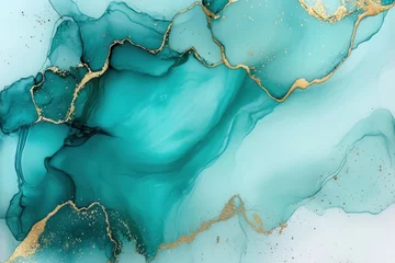 Acrylglasbilder Kristalle Alcohol ink with a gold leading edge in a delicate turquoise, background in green and white tones, with swirling alcohol ink patterns and golden details.   © tienuskin