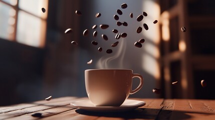 A warm cup of coffee with falling coffee beans on a wooden table with sunlight