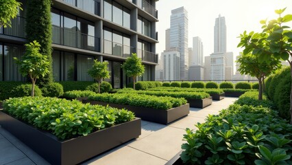 Obraz premium Modern rooftop garden with raised planters, lush greenery, and city skyline view 