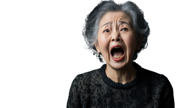 Senior woman shouting with transparent background: expressing extreme emotion