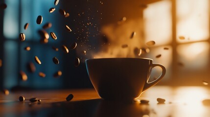 A steaming cup of coffee with falling coffee beans creates a warm and inviting scene