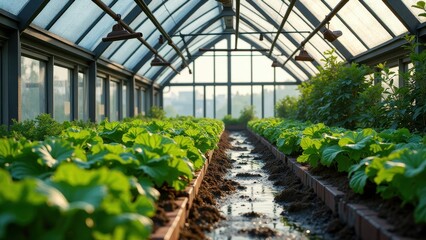 Fototapeta premium Rooftop greenhouse with lush vegetable plants, arched glass structure, and city view 
