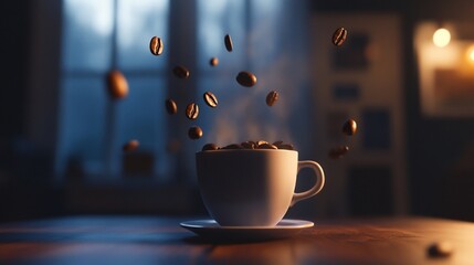 A captivating scene of a white cup filled with coffee beans with other beans floating around it