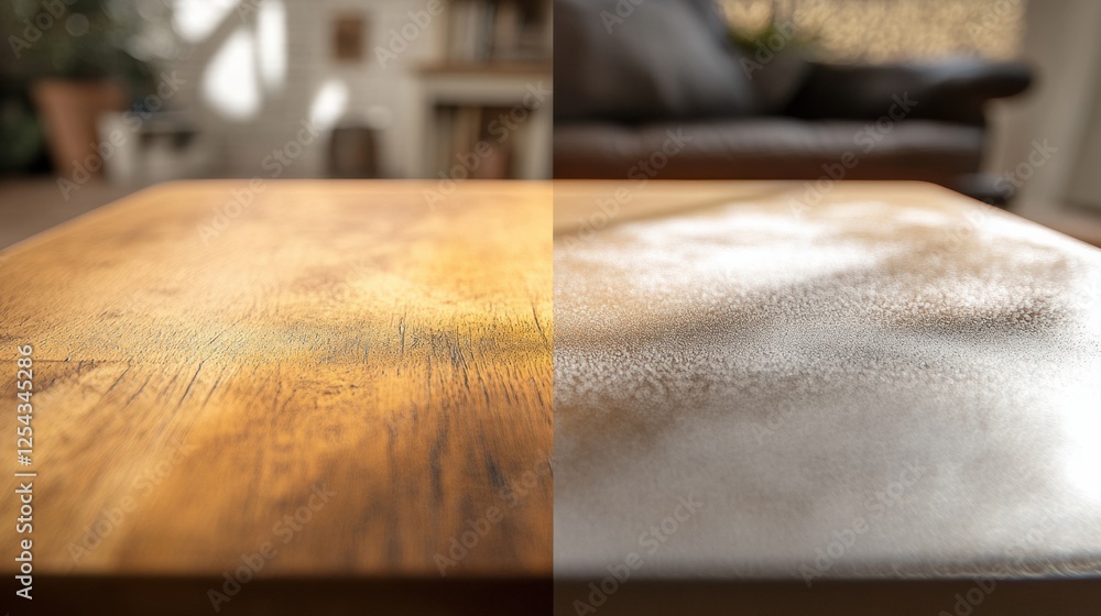 Poster Dusty versus clean furniture surface comparison showcasing the impact of regular cleaning routines in a home setting. Generative AI