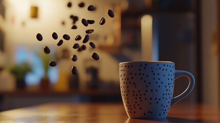 A warm cup of coffee with floating coffee beans creating a serene and inviting atmosphere