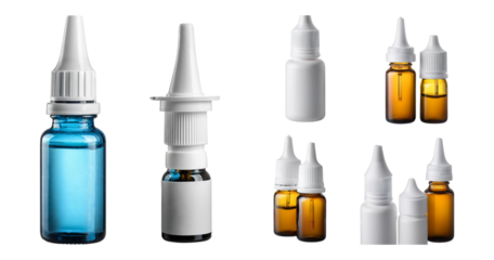 Various Eye Drop Bottles in Different Colors and Styles Displayed, isolated on transparent background