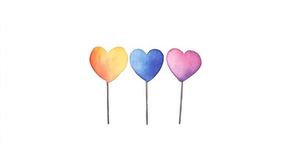 Three colorful heart-shaped lollipops on sticks, showcasing vibrant hues against a plain background