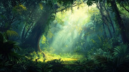 Obraz premium Luminous Jungle Path: A Digital Painting of a Serene Rainforest