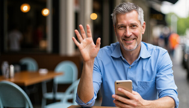 Smiling man waving while using smartphone in outdoor café