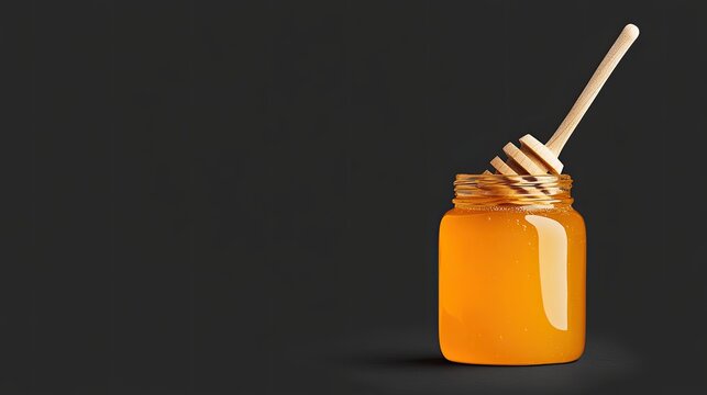 A close-up of a honey jar with a wooden dipper against a dark background, showcasing its golden color