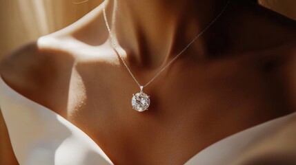 Bride In White Dress Wearing Diamond Pendant Necklace