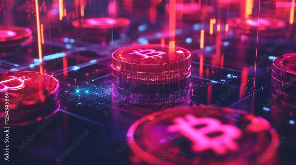 Aufkleber 3d rendering of glowing bitcoin symbols with digital data on a grid background