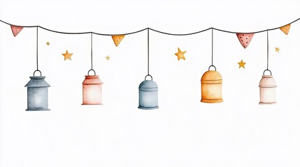 Obraz premium Colorful decorative lanterns and festive bunting with stars on a white background for celebrations