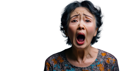 Elderly woman expressing shock on transparent background