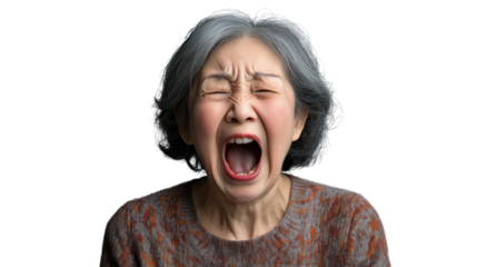 Elderly woman expressing intense emotion with transparent background