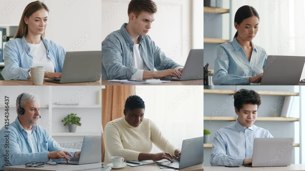Poster A group of six individuals of varying backgrounds focuses intently on their laptops in modern home office settings. Each person is dressed casually while working in different environments.