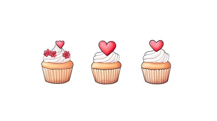 Three colorful cupcakes with hearts and flowers, showcasing a festive dessert theme