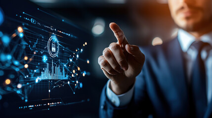 businessman interacts with futuristic digital interface displaying data analytics and graphs, symbolizing technology and innovation in business