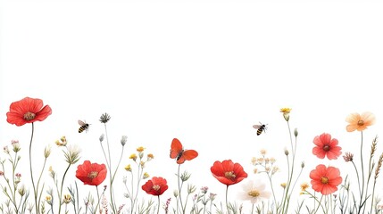 Obraz premium Vibrant wildflower meadow with butterflies and bees, showcasing nature's beauty in a serene setting