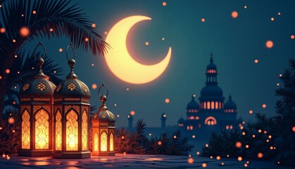 Ramadan and Eid Al Fitr banner,card,poster, Ramadan design featuring modern geometric patterns, glowing lanterns, and an ethereal crescent moon
