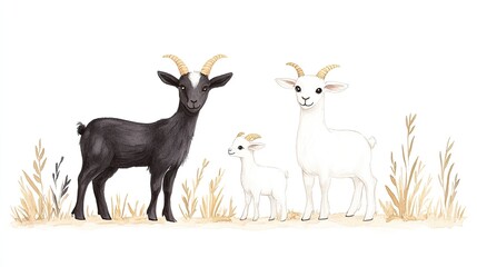 Three goats, including a black adult, a white adult, and a young kid, in a grassy setting