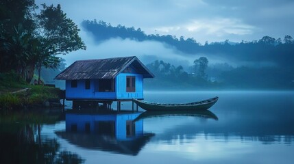 Obraz premium Serene Lakeside Cottage at Dawn