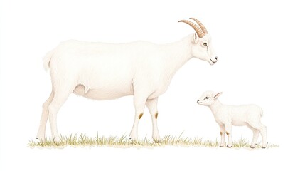 Fototapeta premium A serene illustration of a mother goat and her kid standing in a grassy field, showcasing their bond