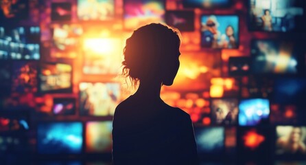 Fototapeta premium Woman Silhouetted Against a Wall of Vibrant Images: A Metaphor for the Overwhelming World of Digital Media and Information.