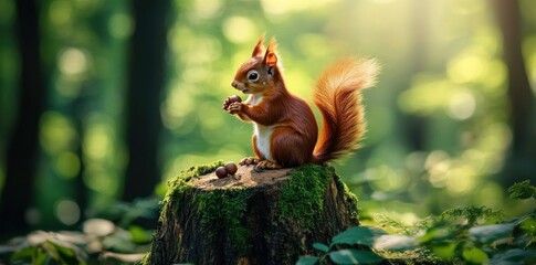 Obraz premium Squirrel on a Tree Stump in the Forest