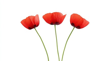 Fototapeta premium Three vibrant red poppy flowers with delicate petals and slender green stems on a white background
